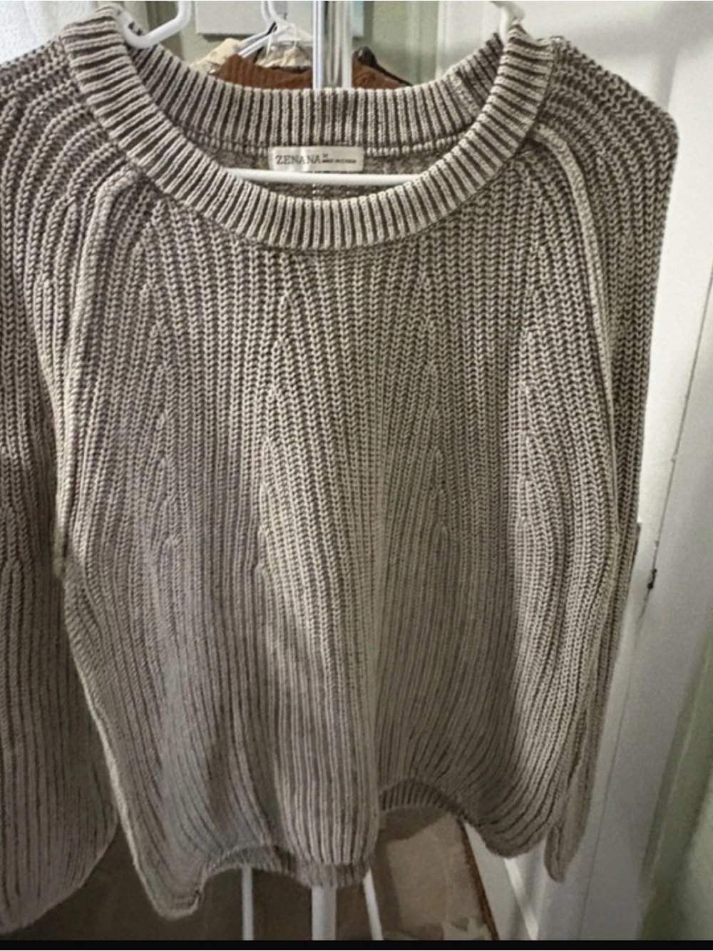 Zenana Taupe Cable-Knit Crewneck Sweater